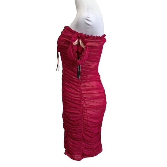 NWT LULUS ALTO RASPBERRY PINK RUCHED MESH FRILLY MINI BODYCON COCKTAIL DRESS - Picture 2 of 9